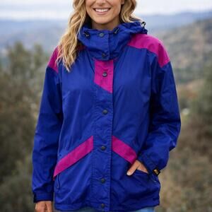 Vintage REI Gore-Tex Jacket Womens 12 Blue Pink Colorblock Hooded Rain